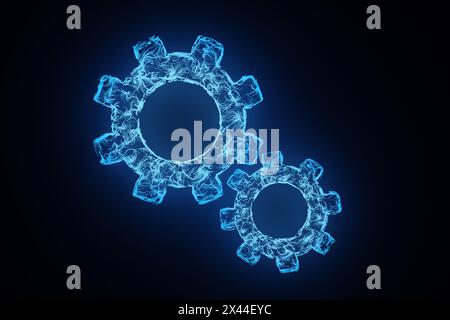 Connecté grandes et petites roues dentées d'engrenage luminescentes au néon en fond noir. Illustration du concept de travail d'équipe, d'efficacité et de machinerie Banque D'Images