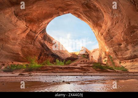 De la vapeur s'écoule dans une alcôve géante adjacente à Jacob Hamblin Arch à Coyote Gulch, dans la zone de loisirs nationale de Glen Canyon, Utah. Banque D'Images