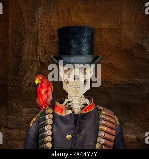 Crâne souriant steampunk avec chapeau vintage et uniforme de soldat Banque D'Images