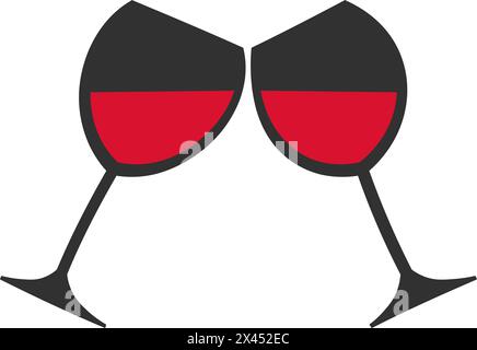 Dessin animé plat deux verres de vin rouge français, délicatement touchant au milieu d'une toile de fond de chaleur et d'intimité Illustration de Vecteur