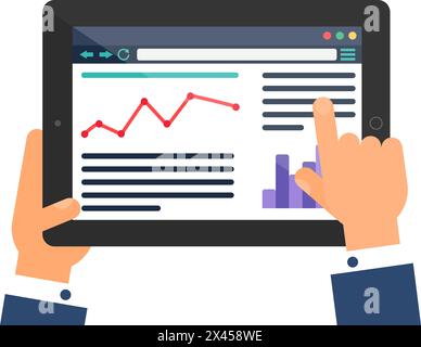 La main de l'utilisateur saisit des données sur le site Web du taux de change sur l'ordinateur portable. Page Web d'information analytique de banque sur l'écran du gadget numérique. Simple plat ve Illustration de Vecteur