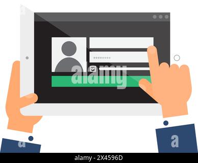 La main de l'utilisateur saisit des données sur le site Web de la base de données sur l'ordinateur portable. Menu de page Web d'authentification sur l'écran du gadget numérique. Vecteur plat simple isolé Illustration de Vecteur