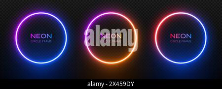 Monture de lampe ronde au néon. Bordure annulaire avec lumière laser. LED cercle comme un portail sur un fond noir. Modèle de dégradé lumineux pour la conception avec du texte. Illustration de Vecteur