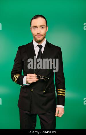Beau pilote masculin en uniforme noir frappant une pose confiante sur un fond vert. Banque D'Images
