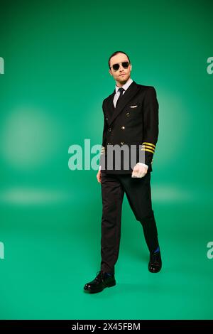 Un pilote élégant dans un costume noir et des lunettes de soleil se tient en toute confiance sur un fond vert vif. Banque D'Images