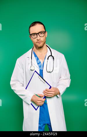 Beau médecin masculin en manteau blanc et gommages bleus sur fond vert. Banque D'Images