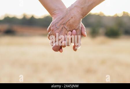 Magnifique gros plan sur une vieille dame écorchée tenant les mains de sa petite-fille. Gros plan d'une main ridée et des mains d'un jeune tenant. Banque D'Images