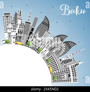 Baku Azerbaidjan City Skyline avec des bâtiments couleur, ciel bleu et espace de copie. Illustration vectorielle. Bakou Cityscape avec des monuments. Illustration de Vecteur