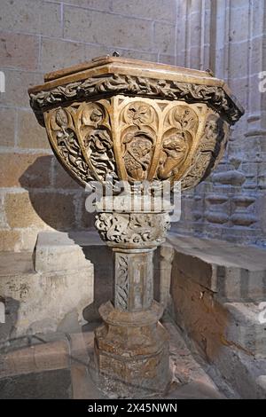 Ville de Ségovie, cathédrale (XVIe siècle, gothique tardif). Chapelle Santa Barbara avec fonts baptismaux (XVe siècle). Castilla y Leon, Espagne. Banque D'Images