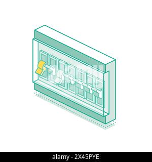 Panneau électrique isométrique avec interrupteurs, fusible, contacteur et disjoncteur automatique. Encadrer le boîtier du tableau de commutation. Dispositif de distribution de puissance. Illustration de Vecteur