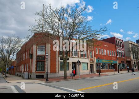 Bâtiments commerciaux historiques sur Central Street à Hurd Street dans le centre-ville de Lowell, Massachusetts ma, États-Unis. Banque D'Images