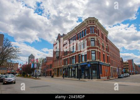 Bâtiments commerciaux historiques sur Central Street à Jackson Street dans le centre-ville de Lowell, Massachusetts ma, États-Unis. Banque D'Images