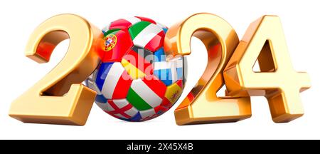 Soccer 2024 doré, ballon de football avec drapeaux européens, rendu 3D isolé sur fond blanc Banque D'Images