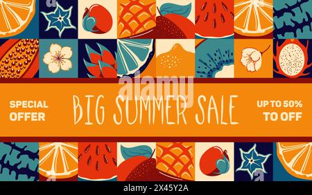 Grande vente estivale. Bannière horizontale dans le style vintage. Fruits exotiques tropicaux. Design rétro. Quartiers de citron et de citron vert frais, pastèque, dragon pitahaya, s. Illustration de Vecteur