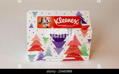 BEMIDJI, MN - 17 NOVEMBRE 2020: Boîte de serviettes jetables en papier Kleenex avec arbres de Noël. Kleenex est une société américaine de papier et de tissus Banque D'Images