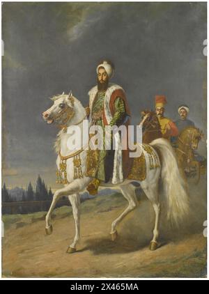 Sultan Selim III à cheval Une représentation du Sultan Selim III chevauche un cheval, accompagné de son armurier, Silahdar Agha, et de sa suite, sur fond de paysage rural. La peinture, exécutée par un artiste occidental dans une période ultérieure, capture de façon complexe la physionomie et la tenue du sultan avec un réalisme remarquable. La signature ottomane de l'artiste orne le coin inférieur droit, ajoutant une touche d'authenticité à cette représentation historique. Banque D'Images