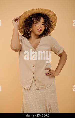 Une belle jeune femme afro-américaine aux cheveux bouclés portant une robe fleurie et un chapeau à larges bords dans un cadre de studio. Banque D'Images