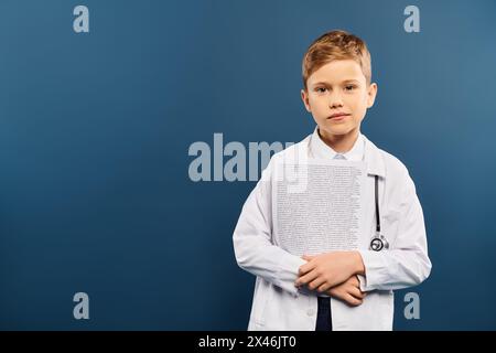Jeune garçon en chemise blanche et cravate jouant le docteur avec stéthoscope sur. Banque D'Images