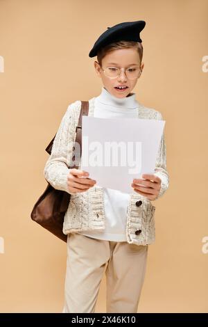 Garçon préadolescent mignon habillé en réalisateur, tenant un morceau de papier. Banque D'Images