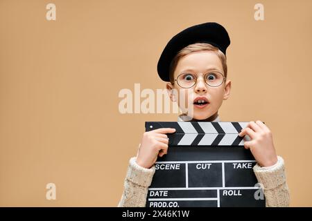 Un garçon préadolescent mignon, habillé en réalisateur, tient un batteur de film devant son visage. Banque D'Images