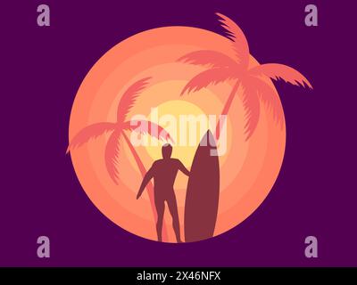 Silhouette d'un surfeur avec une planche de surf sur fond de coucher de soleil avec des palmiers. Coucher de soleil romantique avec une silhouette de deux palmiers et un surf Illustration de Vecteur