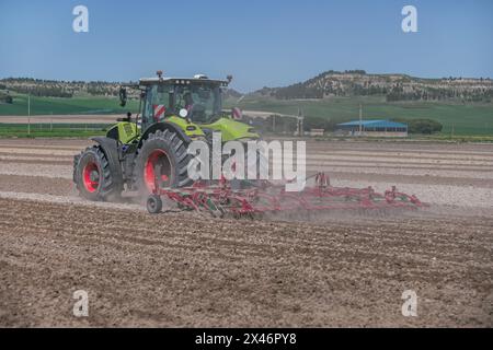 Tracteur vert tirant une charrue dans un champ de récolte Banque D'Images