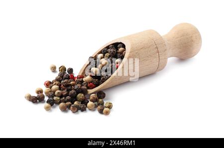 Épices aromatiques. Différents poivrons et cuillère en bois isolés sur blanc Banque D'Images