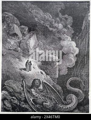 Photo d'une image de la Divine Comédie, Inferno Canto XVII, représentant Virgile et Dante Alighieri observant Géryon. Banque D'Images