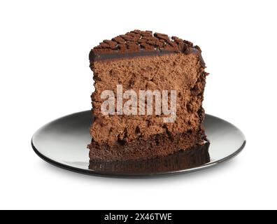 Morceau de délicieux gâteau aux truffes au chocolat isolé sur blanc Banque D'Images