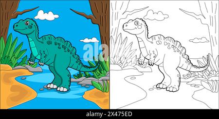 Page de coloration de dinosaure de dessin animé mignon à la fois esquissée et colorée dans les versions Illustration de Vecteur