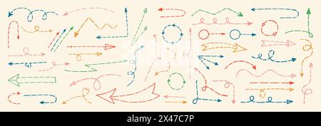Jeu de doodle dessiné à la main avec flèches pointillées. Collection pointillés de pointeurs idéal pour ajouter une touche ludique aux présentations, conçoit des projets pour enfants, infographies et statistiques. Les flèches signent le vecteur isolé de l'enfant Illustration de Vecteur