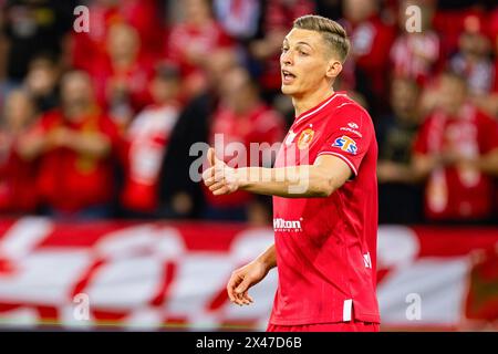 Lodz, Pologne. 27 avril 2024. Mateusz Zyro de Widzew Gestures lors du match de la Ligue polonaise PKO Ekstraklasa entre Widzew Lodz et Rakow Czestochowa au stade municipal de Widzew Lodz. Score final : Widzew Lodz vs Rakow Czestochowa 0:1. (Photo de Mikolaj Barbanell/SOPA images/Sipa USA) crédit : Sipa USA/Alamy Live News Banque D'Images