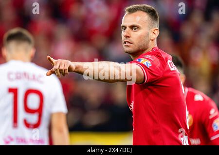 Lodz, Pologne. 27 avril 2024. Luis Silva de Widzew Gestures lors du match de la Ligue polonaise PKO Ekstraklasa entre Widzew Lodz et Rakow Czestochowa au stade municipal de Widzew Lodz. Score final : Widzew Lodz vs Rakow Czestochowa 0:1. Crédit : SOPA images Limited/Alamy Live News Banque D'Images