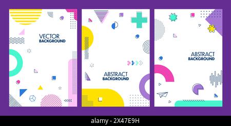 Affiches géométriques abstraites modernes avec des formes de Memphis. Fonds vectoriels vibrants, conception de cartes verticales avec des couleurs vives et des motifs ludiques, compositions visuelles dynamiques avec un flair rétro-futuriste Illustration de Vecteur