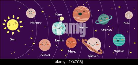 Ensemble d'Univers, planète du système solaire et élément spatial sur fond d'univers. Illustration vectorielle dans le style de dessin animé. Illustration de Vecteur