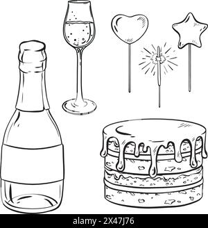 Dessin monochrome de Drinkware, bouchon de bouteille, verre, gâteau avec des étincelles Illustration de Vecteur