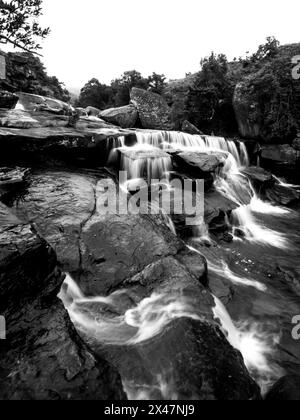 Vue en noir et blanc sur les Cascades, une cascade pittoresque dans la rivière Mahai dans le parc national Royal Natal Banque D'Images