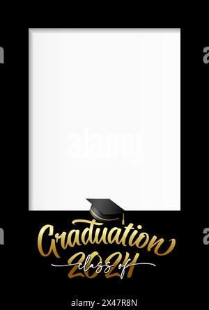 Classe de 2024, cadre photo de graduation format A4. Félicitations aux diplômés, conception de concept pour des histoires web ou stand avec chapeau académique noir. Carte vectorielle Illustration de Vecteur