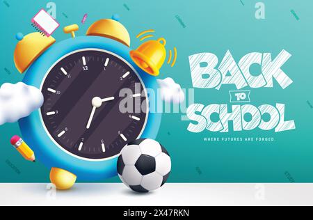 Retour à la conception vectorielle d'horloge de réveil de l'école. Retour à l'école texte de voeux éléments de réveil éducatif pour l'apprentissage de fond. Illustration vectorielle Illustration de Vecteur