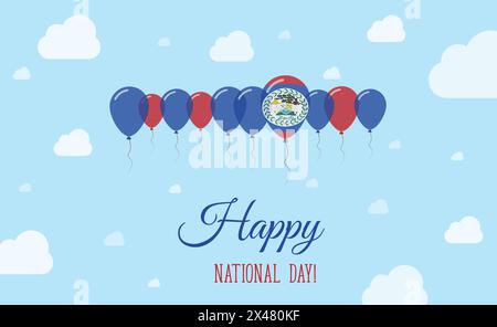 Affiche patriotique pétillante du jour de l'indépendance du Belize. Rangée de ballons aux couleurs du drapeau bélizien. Carte de voeux avec drapeaux nationaux, Blue Skyes et Illustration de Vecteur