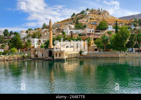 Mosquée partiellement submergée d'Eski Halfeti en raison de la construction du barrage de Birecik sur l'Euphrate, Old Halfeti, Turquie Banque D'Images