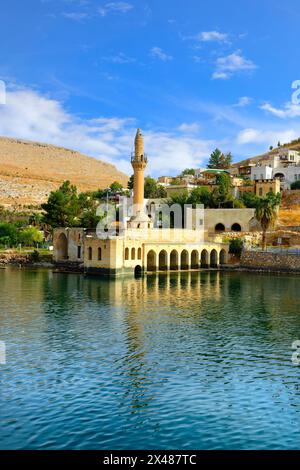 Mosquée partiellement submergée d'Eski Halfeti en raison de la construction du barrage de Birecik sur l'Euphrate, Old Halfeti, Turquie Banque D'Images