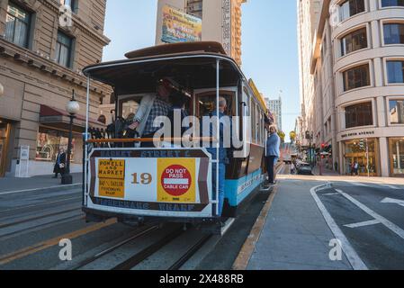 Téléphérique classique de San Francisco labellisé Powell composés et Fisherman's Wharf in motion, centre-ville. Banque D'Images
