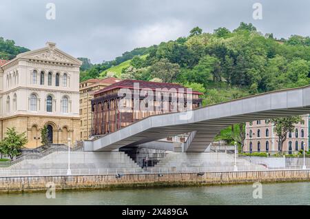 BILBAO, ESPAGNE - 10 MAI 2014 : la passerelle piétonne Pedro Arrupe sur la rivière Nervion à Bilbao, pays Basque, Espagne, avec l'Université de Deus Banque D'Images