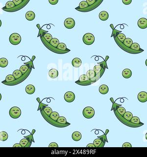 Cute Kawaii Peas motif sans couture dans le style doodle. Illustration de pois de dessin animé vectoriel dessinée à la main. Esquisse de pois dessinée à la main. Patron pour vêtements enfants. Illustration de Vecteur