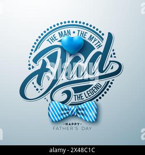 Joyeux motif carte de voeux de fête des pères avec noeud papillon à motif coeur et rayures sur fond clair. Papa the Men, The Myth, The Legend Vector Celebration Illustration de Vecteur