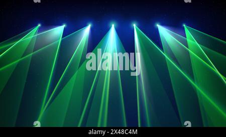 Spectacle de lumière laser. Faisceaux verts laser à LED lumineux, fête de lumière dj. Stroboscopes LED verts sur une scène éclairée bleue. Arrière-plan, toile de fond pour l'affichage des produits Illustration de Vecteur