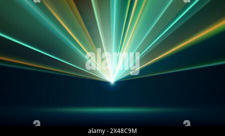 Spectacle de lumière laser. Faisceaux laser LED lumineux, soirée dj. Scène éclairée cyan, lumières stroboscopiques LED or jaune. Arrière-plan, arrière-plan pour l'affichage Illustration de Vecteur