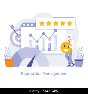 Concept de gestion de la réputation. Stratégies pour une perception positive de la marque et des relations publiques stellaires mises en avant avec les meilleures notes. Illustration vectorielle. Illustration de Vecteur