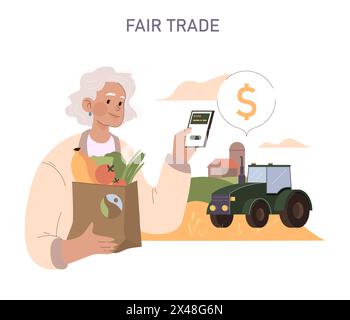 Jeu de commerce équitable. Achats éthiques avec paiements numériques pour les produits frais. Une femme âgée soutient l'agriculture locale. Agriculture durable et équité économique dans le commerce alimentaire. Illustration de Vecteur